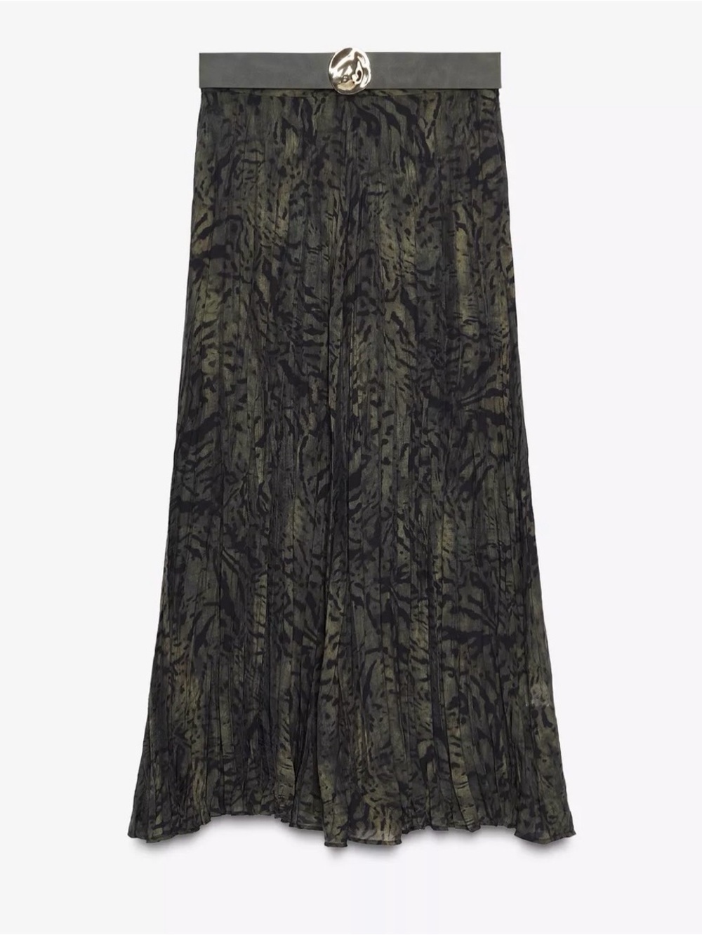Zara Olive and Black Printed Pleated Maxi Skirt
